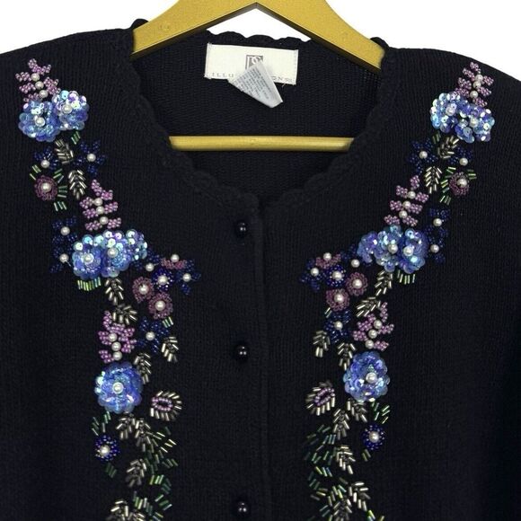 Vintage Silk Angora Rabbit Cardigan Sweater Small Black Floral Beaded Sequins - Picture 3 of 8